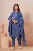 Hand Block Printed Cotton Kurta Set with Dupatta (Indigo Blue & White)