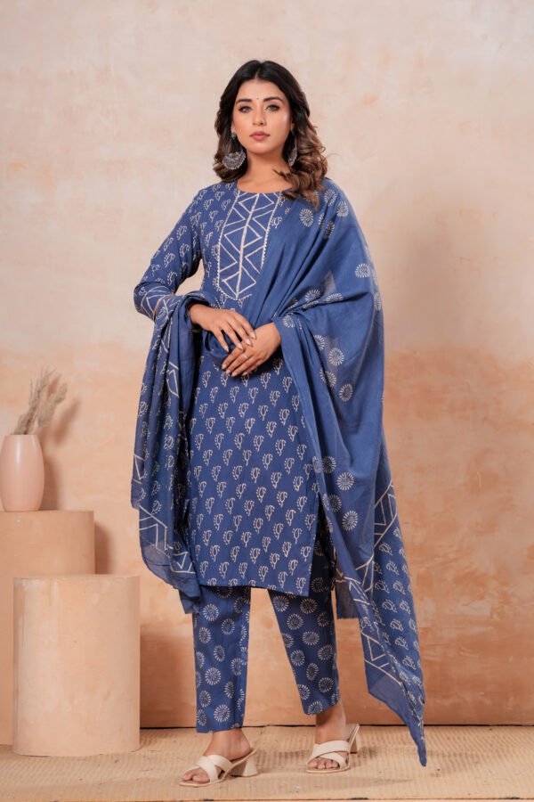 Hand Block Printed Cotton Kurta Set with Dupatta (Indigo Blue & White)