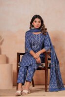 Hand Block Printed Cotton Kurta Set with Dupatta (Indigo Blue & White)