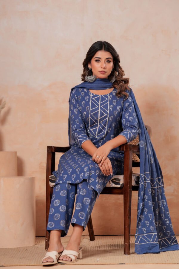 Hand Block Printed Cotton Kurta Set with Dupatta (Indigo Blue & White)