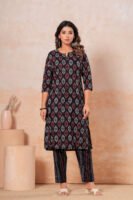 Women’s Printed Kurta Pant Set (Black)