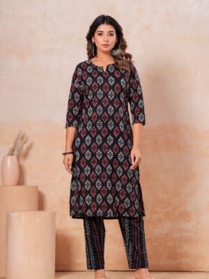 Women’s Printed Kurta Pant Set (Black)