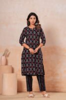 Women’s Printed Kurta Pant Set (Black)