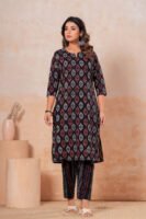 Women’s Printed Kurta Pant Set (Black)