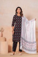 Hand Block Printed Cotton Kurta Set with Dupatta (Black, White & Red)