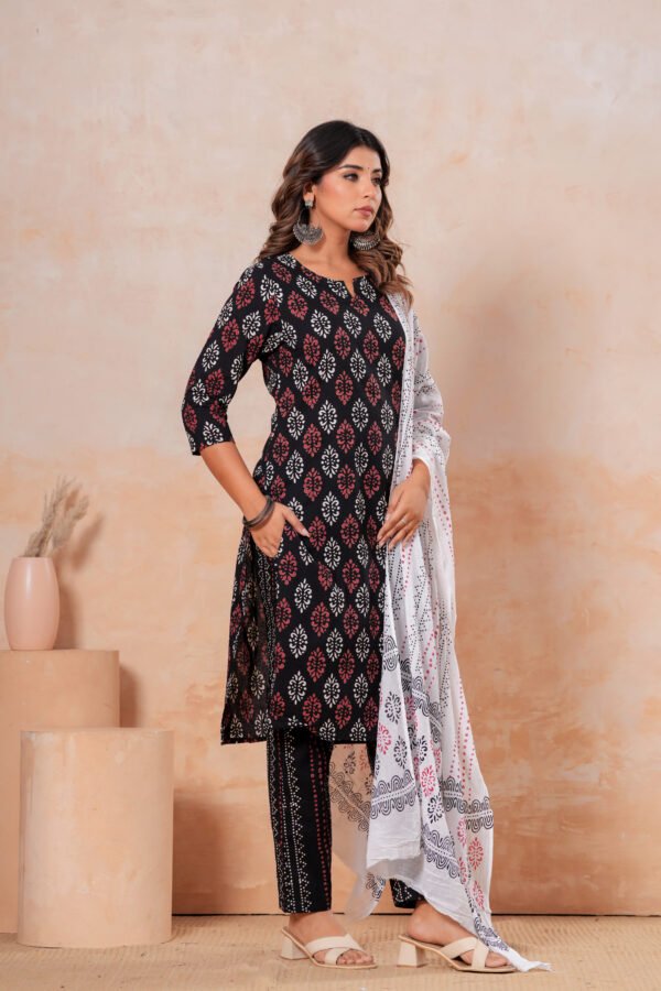 Hand Block Printed Cotton Kurta Set with Dupatta (Black, White & Red)