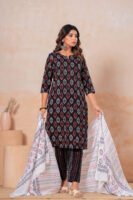 Hand Block Printed Cotton Kurta Set with Dupatta (Black, White & Red)