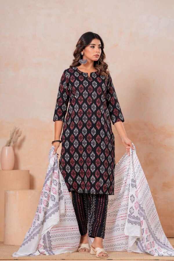 Hand Block Printed Cotton Kurta Set with Dupatta (Black, White & Red)