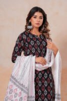 Hand Block Printed Cotton Kurta Set with Dupatta (Black, White & Red)