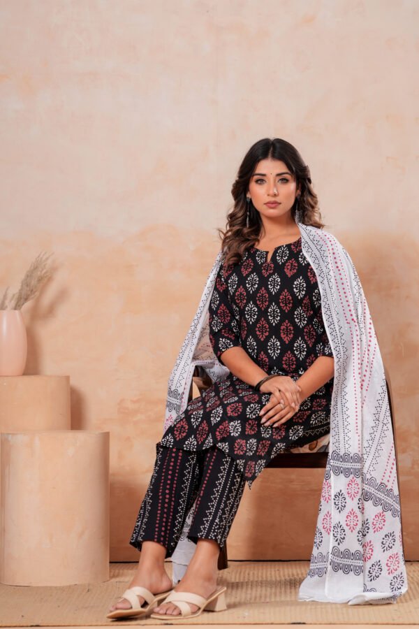 Hand Block Printed Cotton Kurta Set with Dupatta (Black, White & Red)