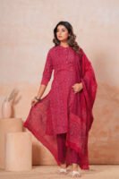 Hand Block Printed Cotton Kurta Set with Dupatta (Rani Pink & Black)