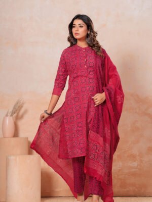 Hand Block Printed Cotton Kurta Set with Dupatta (Rani Pink & Black)