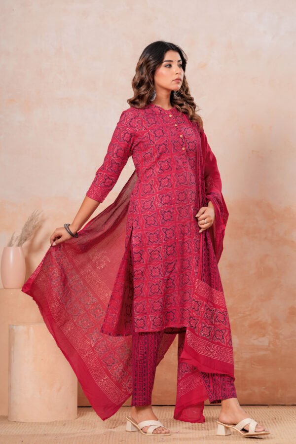 Hand Block Printed Cotton Kurta Set with Dupatta (Rani Pink & Black)