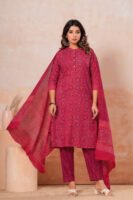 Hand Block Printed Cotton Kurta Set with Dupatta (Rani Pink & Black)