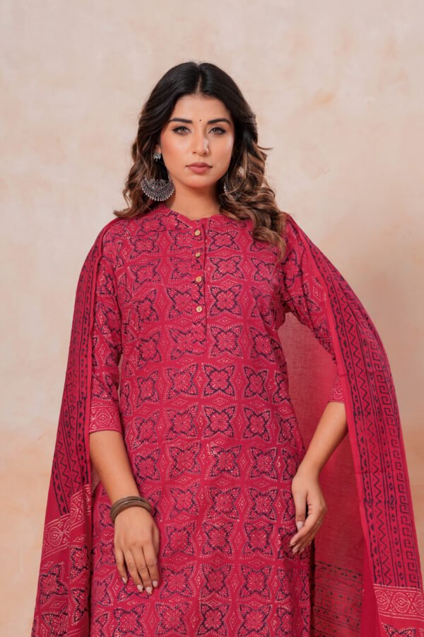 Hand Block Printed Cotton Kurta Set with Dupatta (Rani Pink & Black)
