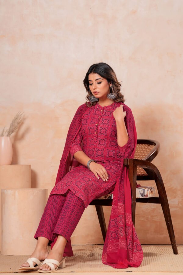 Hand Block Printed Cotton Kurta Set with Dupatta (Rani Pink & Black)