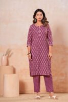 Women’s Printed Kurta Pant Set (Wine/Purple)