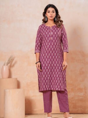 Women’s Printed Kurta Pant Set (Wine/Purple)