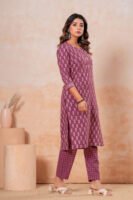 Women’s Printed Kurta Pant Set (Wine/Purple)