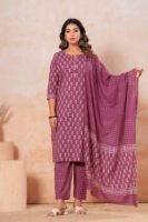 Hand Block Printed Cotton Kurta Set with Dupatta (Wine Purple & White)