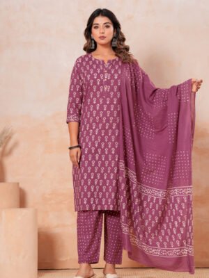 Hand Block Printed Cotton Kurta Set with Dupatta (Wine Purple & White)