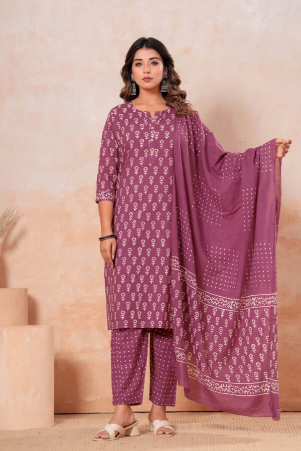Hand Block Printed Cotton Kurta Set with Dupatta (Wine Purple & White)