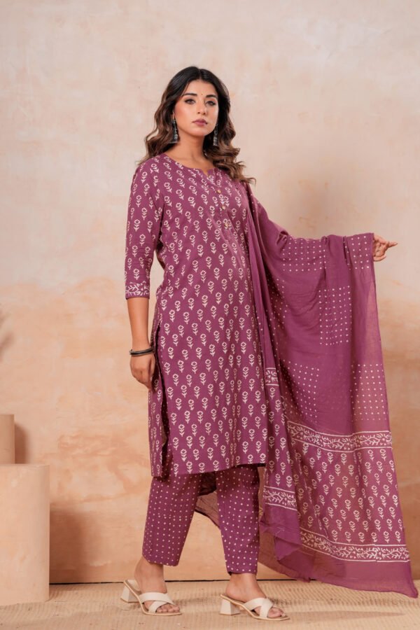 Hand Block Printed Cotton Kurta Set with Dupatta (Wine Purple & White)