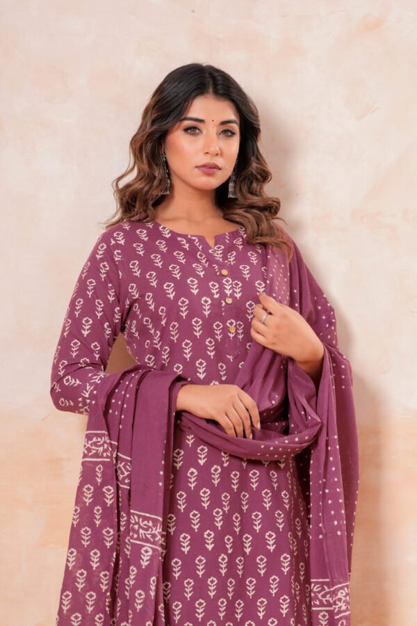 Hand Block Printed Cotton Kurta Set with Dupatta (Wine Purple & White)