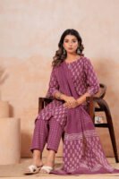 Hand Block Printed Cotton Kurta Set with Dupatta (Wine Purple & White)