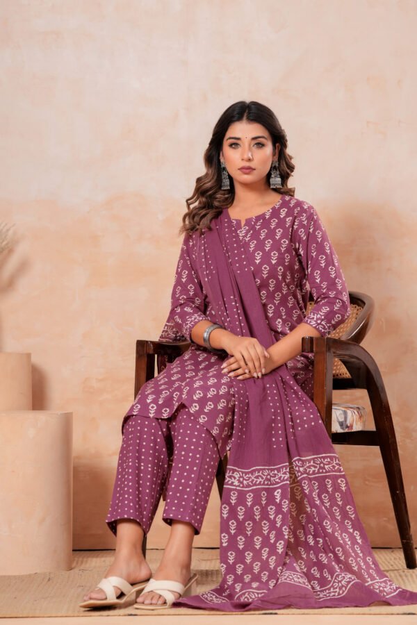 Hand Block Printed Cotton Kurta Set with Dupatta (Wine Purple & White)