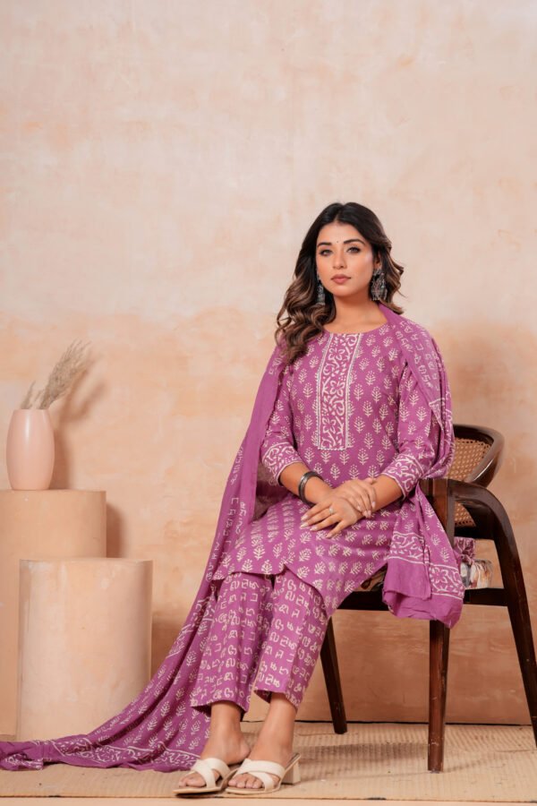 Hand Block Printed Cotton Kurta Set with Dupatta (Mauve Pink & White)