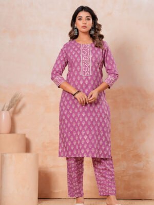 Women’s Printed Kurta Pant Set (Mauve/Purple)