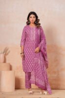Hand Block Printed Cotton Kurta Set with Dupatta (Mauve Pink & White)