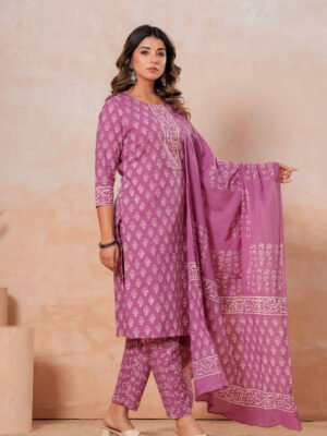 Hand Block Printed Cotton Kurta Set with Dupatta (Mauve Pink & White)