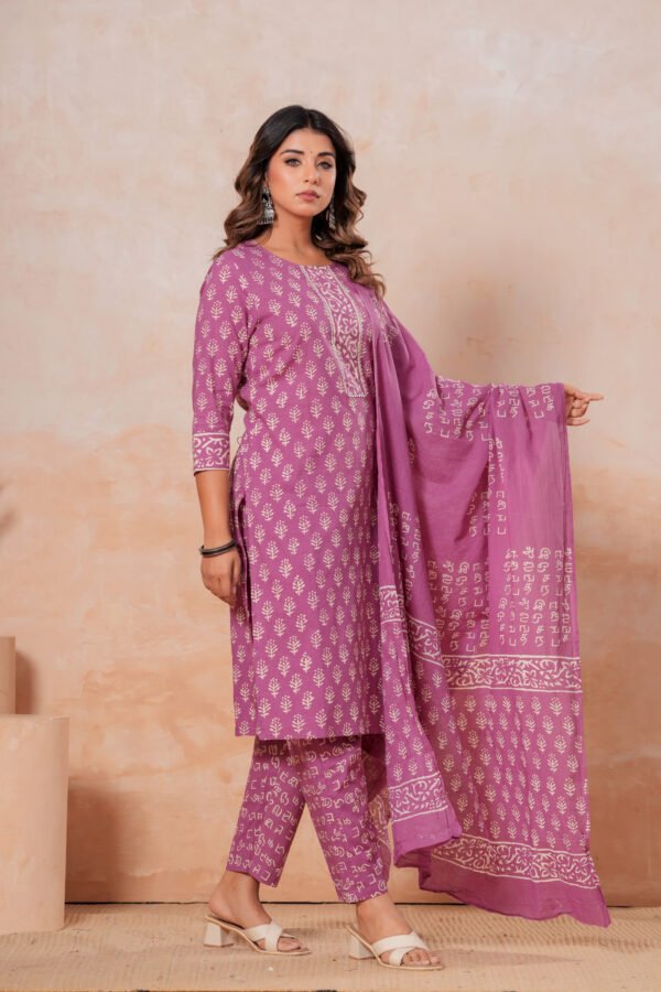 Hand Block Printed Cotton Kurta Set with Dupatta (Mauve Pink & White)