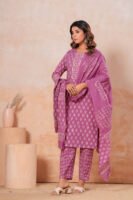 Hand Block Printed Cotton Kurta Set with Dupatta (Mauve Pink & White)