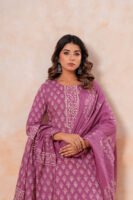 Hand Block Printed Cotton Kurta Set with Dupatta (Mauve Pink & White)