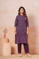 Women’s Printed Kurta Pant Set (Navy Blue & Rust)