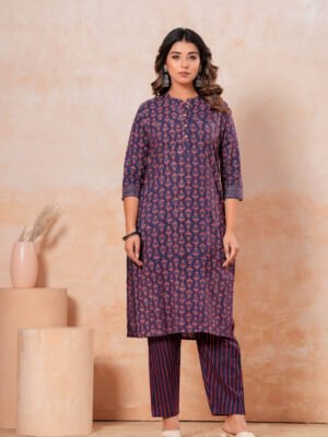 Women’s Printed Kurta Pant Set (Navy Blue & Rust)