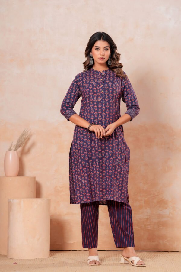 Women’s Printed Kurta Pant Set (Navy Blue & Rust)