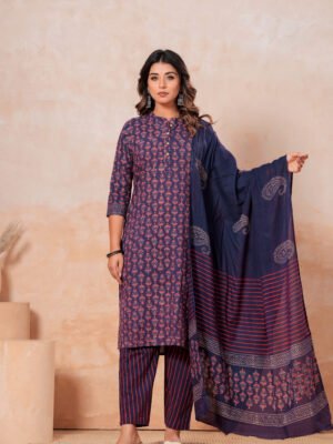 Hand Block Printed Cotton Kurta Set with Dupatta (Navy Blue & Red Stripes)