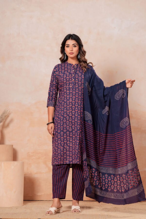 Hand Block Printed Cotton Kurta Set with Dupatta (Navy Blue & Red Stripes)