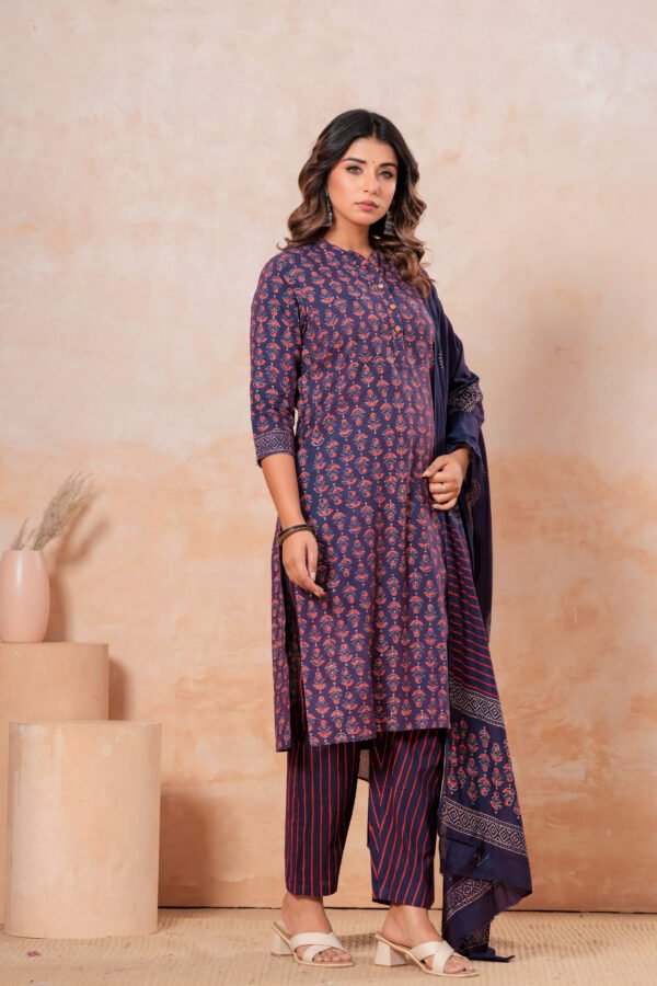 Hand Block Printed Cotton Kurta Set with Dupatta (Navy Blue & Red Stripes)