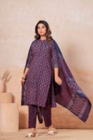 Hand Block Printed Cotton Kurta Set with Dupatta (Navy Blue & Red Stripes)
