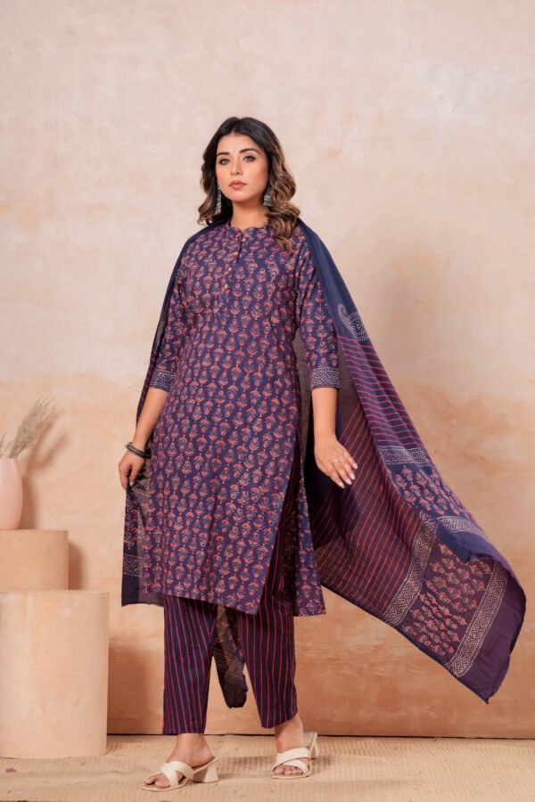 Hand Block Printed Cotton Kurta Set with Dupatta (Navy Blue & Red Stripes)