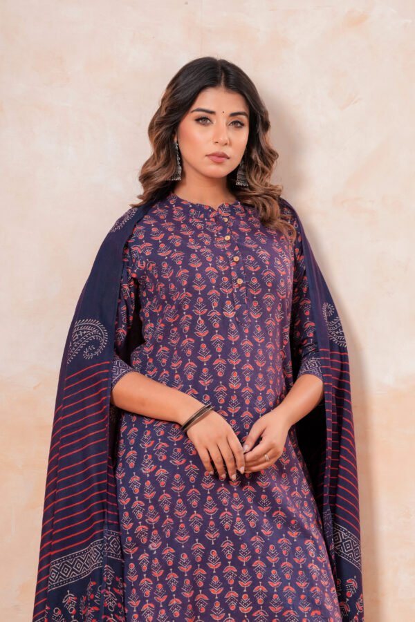 Hand Block Printed Cotton Kurta Set with Dupatta (Navy Blue & Red Stripes)