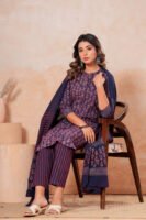 Hand Block Printed Cotton Kurta Set with Dupatta (Navy Blue & Red Stripes)