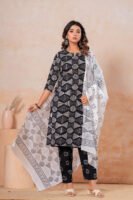 Hand Block Printed Cotton Kurta Set with Dupatta (Black & White Geometric)