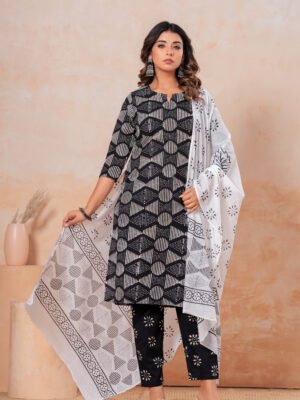 Hand Block Printed Cotton Kurta Set with Dupatta (Black & White Geometric)