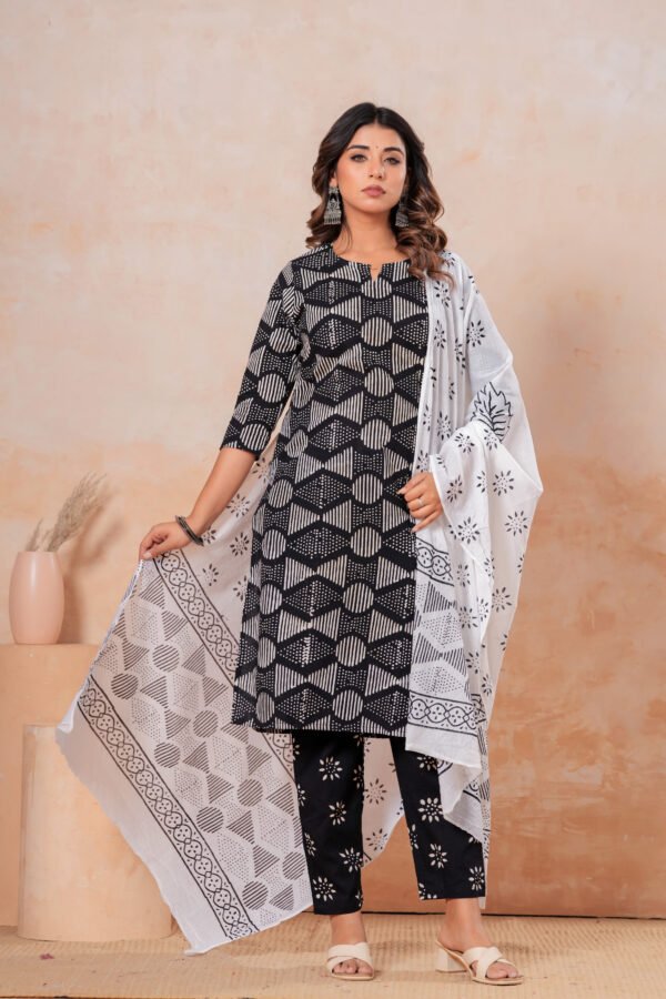 Hand Block Printed Cotton Kurta Set with Dupatta (Black & White Geometric)